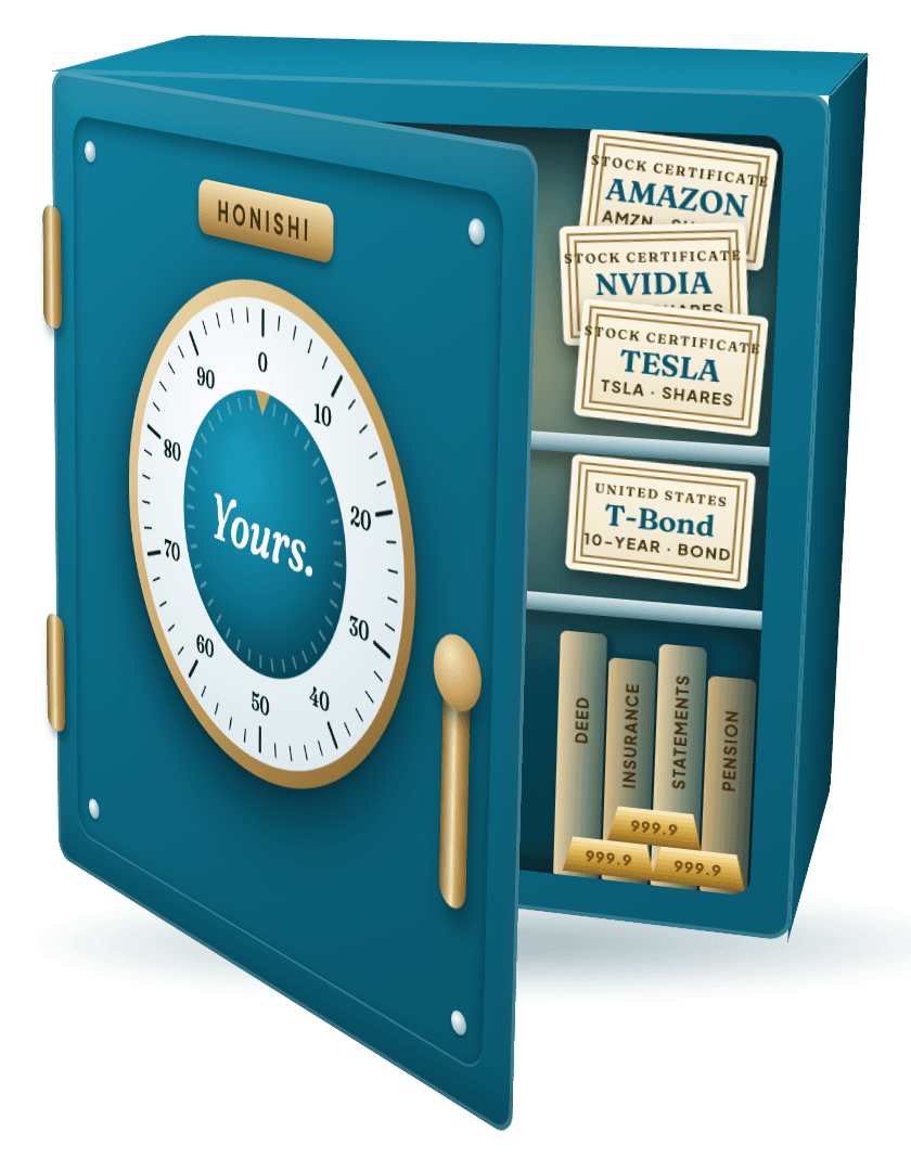 A Honishi safe with its door partly open, holding stock certificates for Amazon, Nvidia and Tesla, a T-Bond, gold bars and folders for deeds, insurance, statements and pension